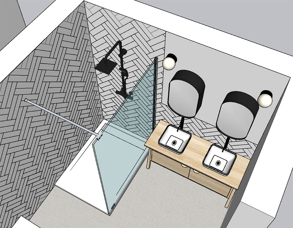 Vue 3D SketchUp de la salle d'eau aux tons naturels avec meuble vasque en bois Tikamoon, carrelage au calepinage original, douche ouverte, robinetterie noire