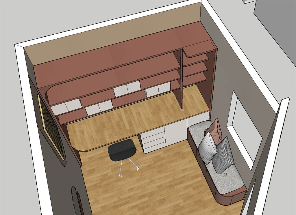 Vue 3D SketchUp du linéaire bureau sur mesure terracotta, plan de travail en bois et banc intégré avec rangements ouverts et fermés