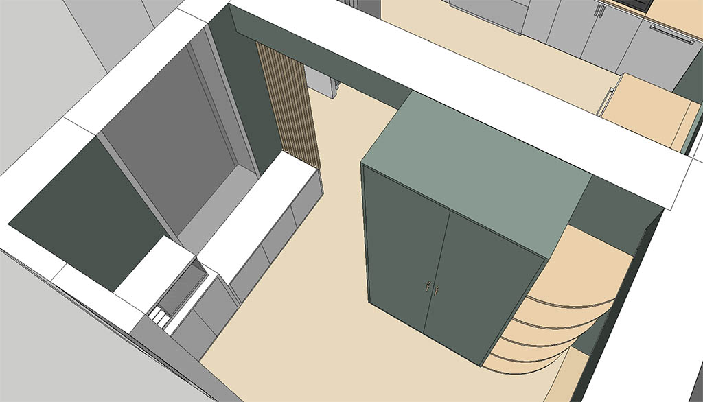 Vue 3D SketchUp de l'entrée avec meuble dressing vert et étagères bois sur mesure, banc d'entrée et claustra bois sur mesure