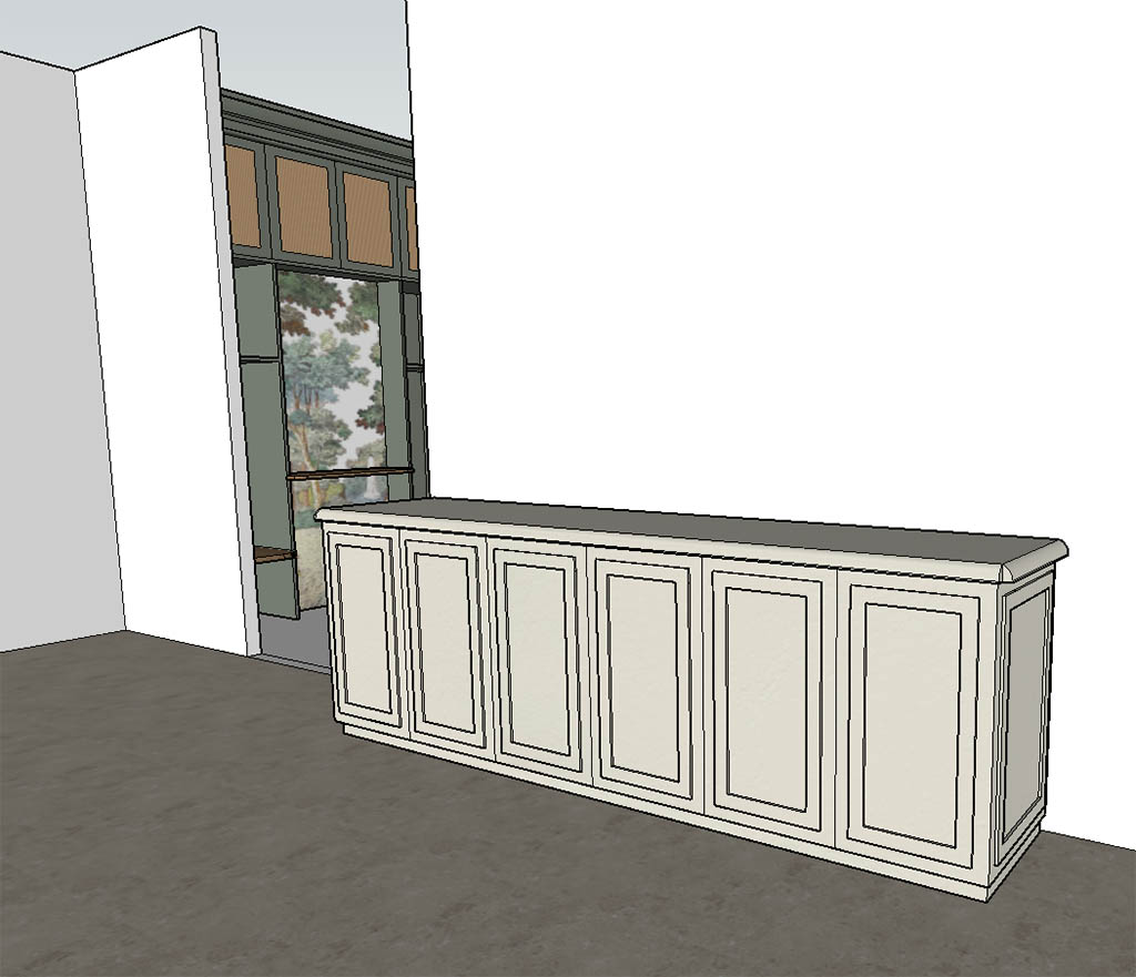 Vue 3D SketchUp du buffet bas sur mesure beige avec cadres moulures et aperçu du meuble d'entrée sur mesure vert avec portes en cannage et papier peint image d'Epinal, bancs et étagère en bois