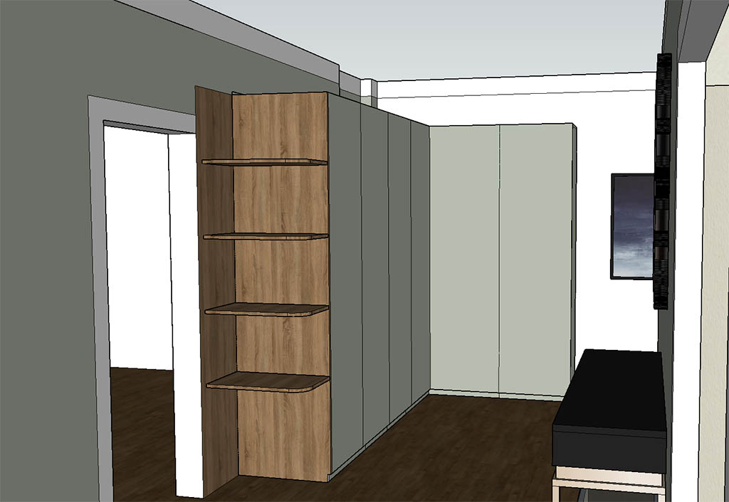 Vue 3D SketchUp du meuble d'entrée dressing vert céladon sur mesure avec étagères et placage bois sur mesure