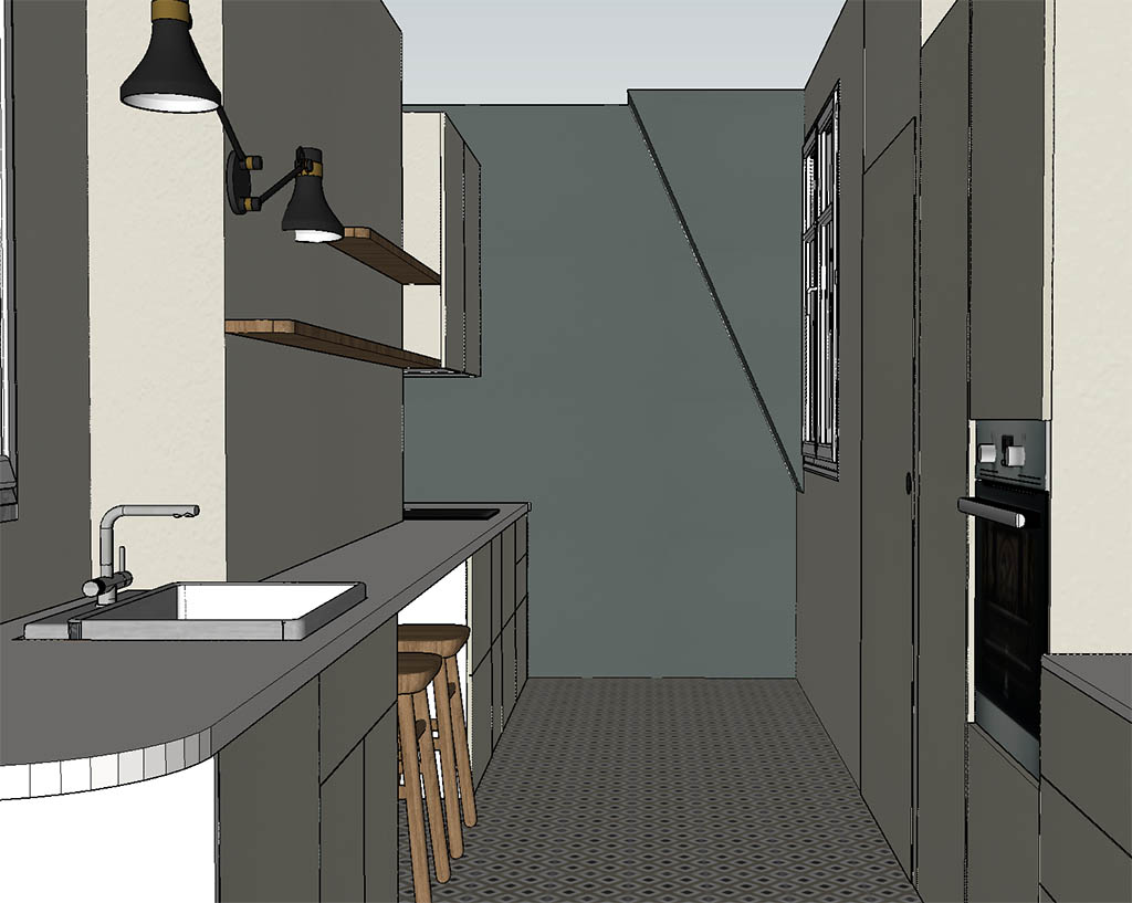 Vue 3D SketchUp du linéaire cuisine épurée façades beige, plan de travail Corian blanc, étagères bois sur mesure, poignées modernes noires, mur du fond vert, sol carrelage graphique