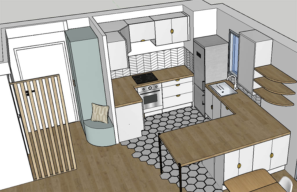 Vue 3D SketchUp du linéaire cuisine esprit scandinave épuré blanche et verte avec plan de travail bois avec bar déporté, coffrage et étagères bois sur mesure, robinetterie et poignées laiton, crédence blanche chevron et carrelage sol tomettes